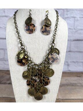 VTG Artisan Safari Leopard Print Statement Bib Necklace Earring Set Boho Chic
